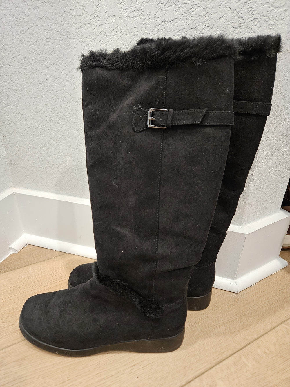 Coldwater Creek Black Faux Suede Tall Fur-Trim Boots